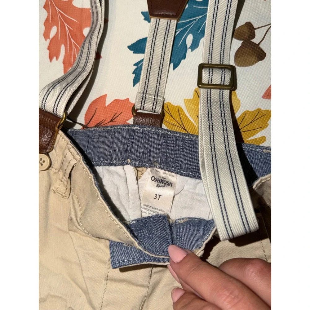 Osh Kosh Boys Tan Chino Pants with Removable Striped Suspenders Size 3T